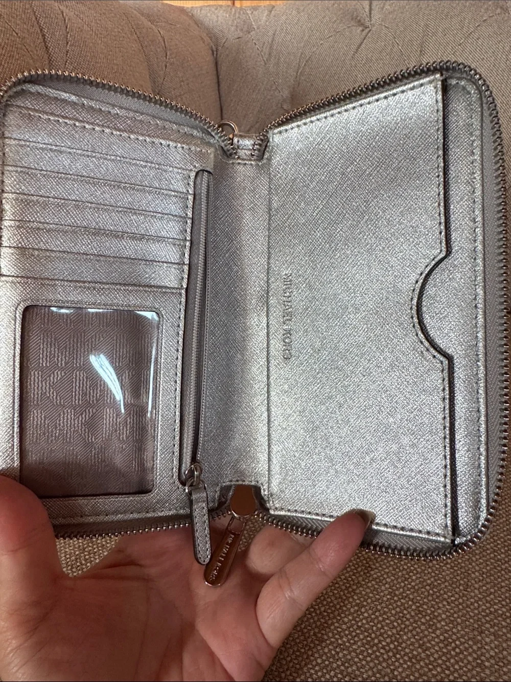 Michael Kors Metallic Silver Zip Wristlet